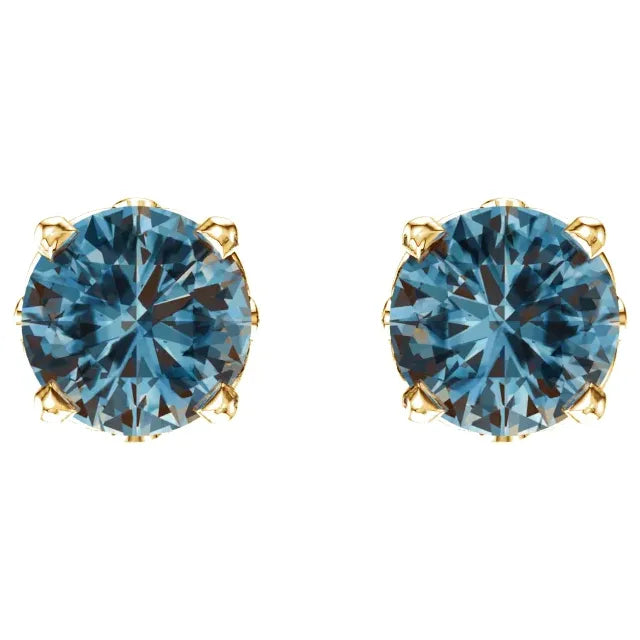 14K Yellow Natural Swiss Blue Topaz 4-Prong Scroll Setting Stud Earrings